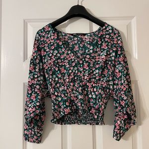 Zara Cropped V-neck Floral Blouse | Green and Pink Floral Going Out Top